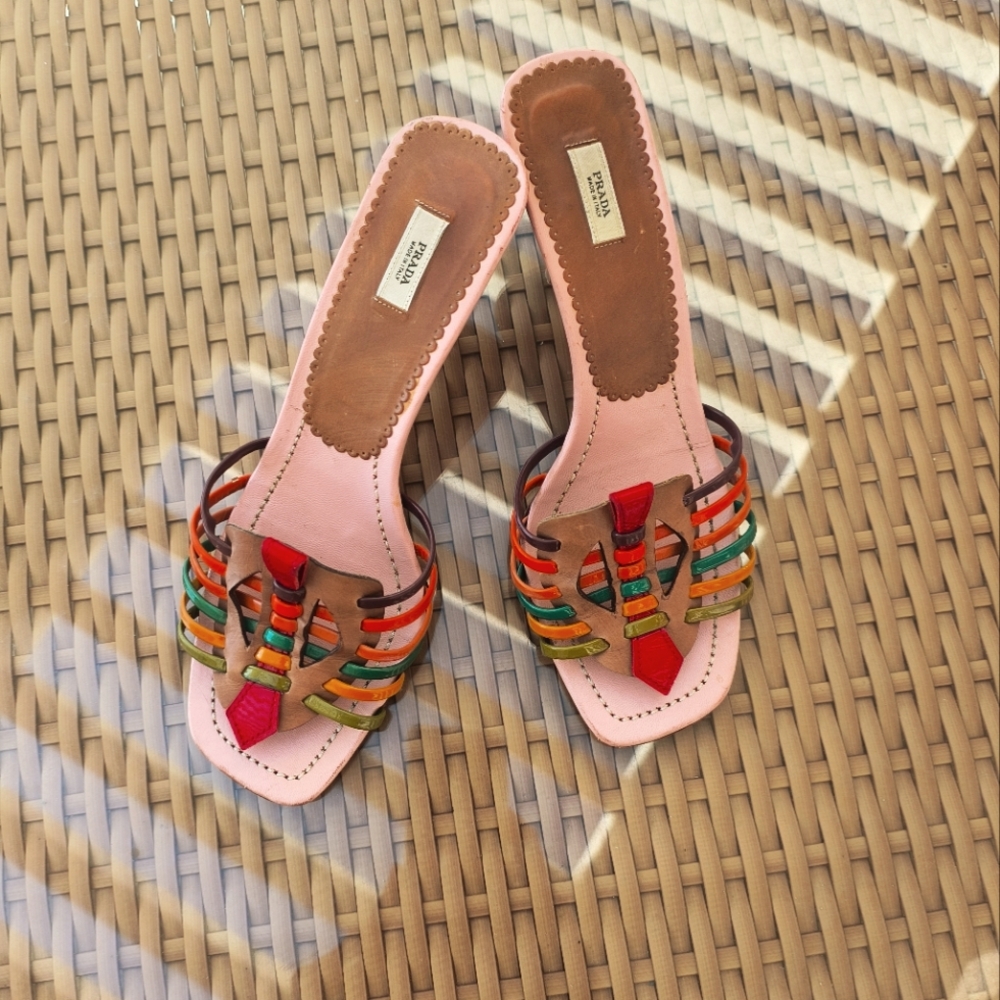 Prada Leather Strapy Heeled Slides